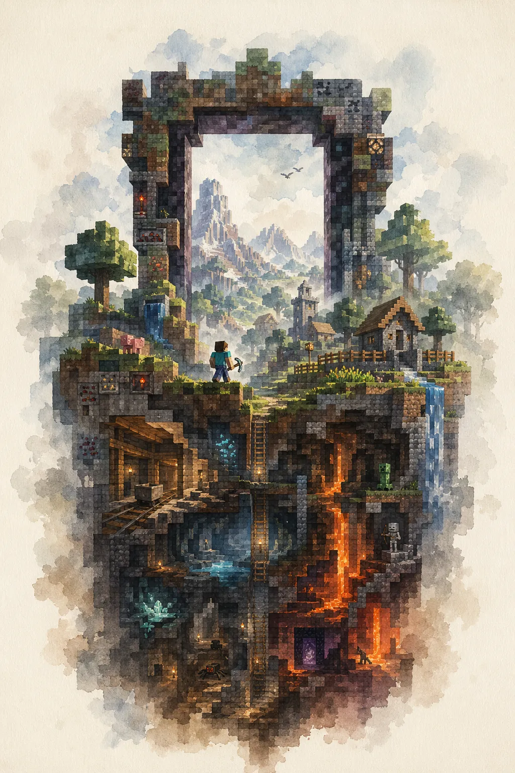 Collectible narrative watercolor poster with symbolic contour and layered world