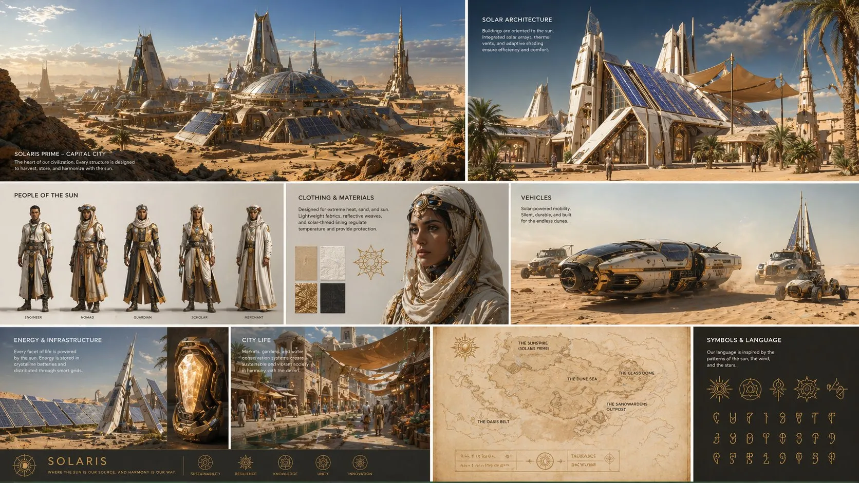 Futuristic desert civilization worldbuilding set powered by solar technology