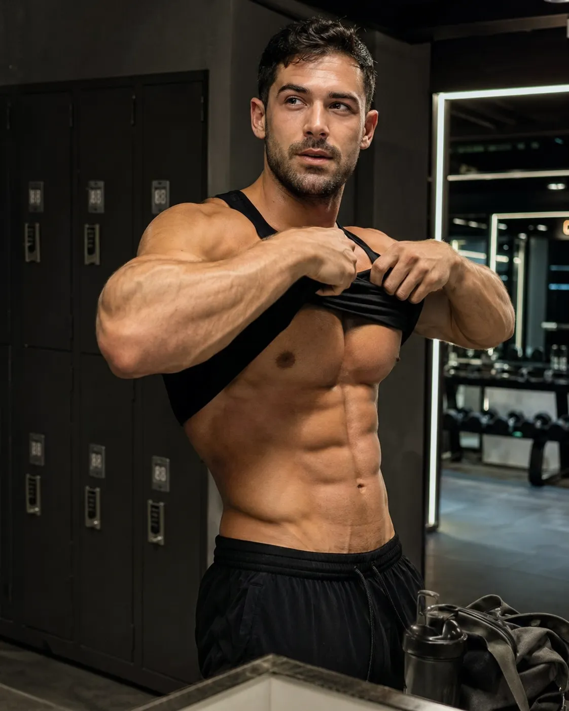 Realistic muscular man in a modern gym changing room after a workout