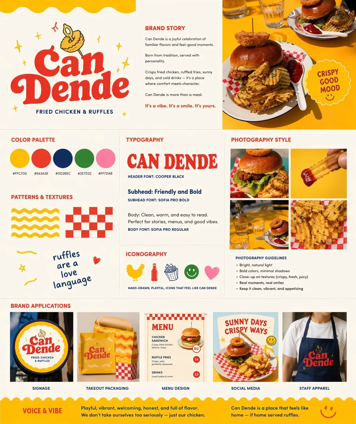 Colorful Can Dende restaurant brand guide with traditional whimsical styling
