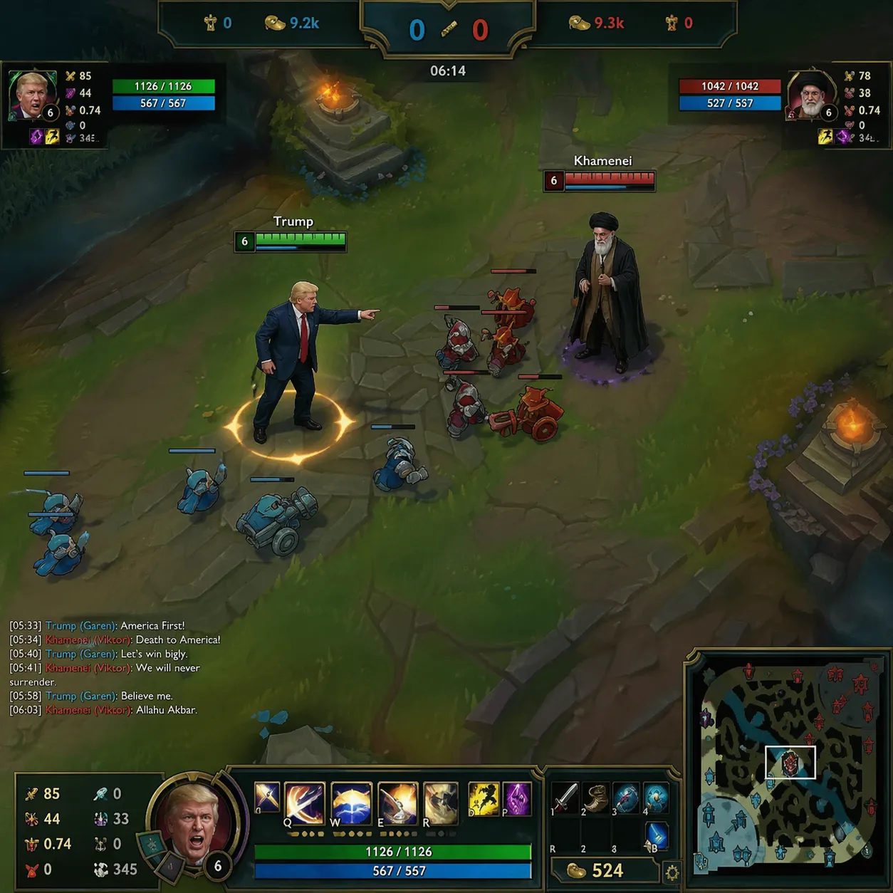 Political meme screenshot staged as a League of Legends mid lane duel