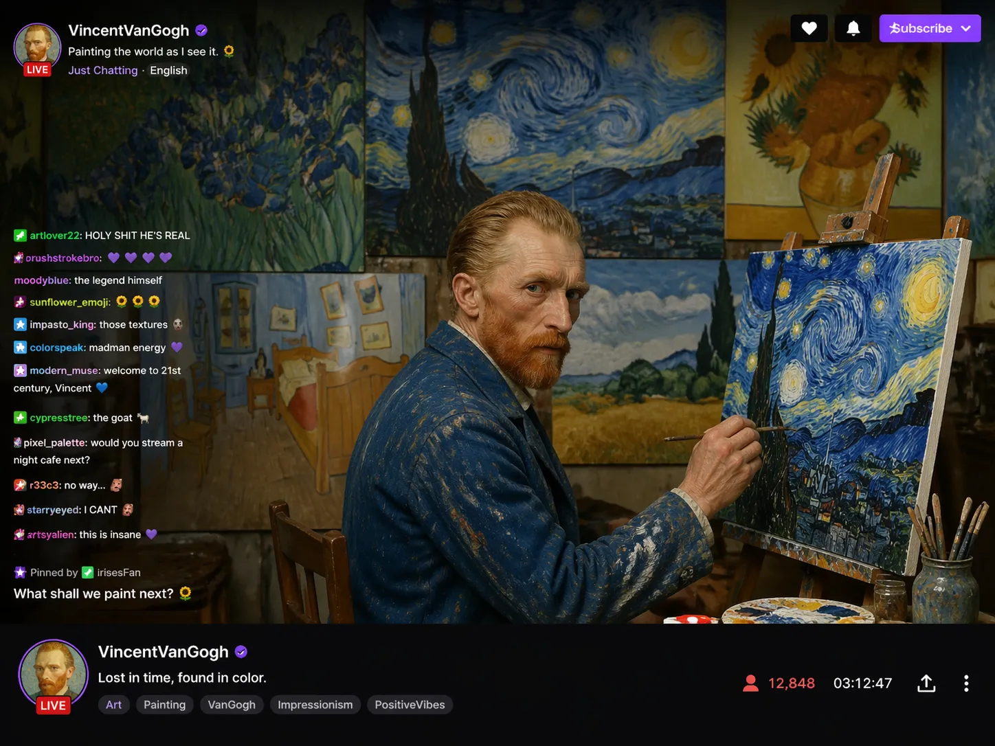 Van Gogh painting during a modern Twitch livestream