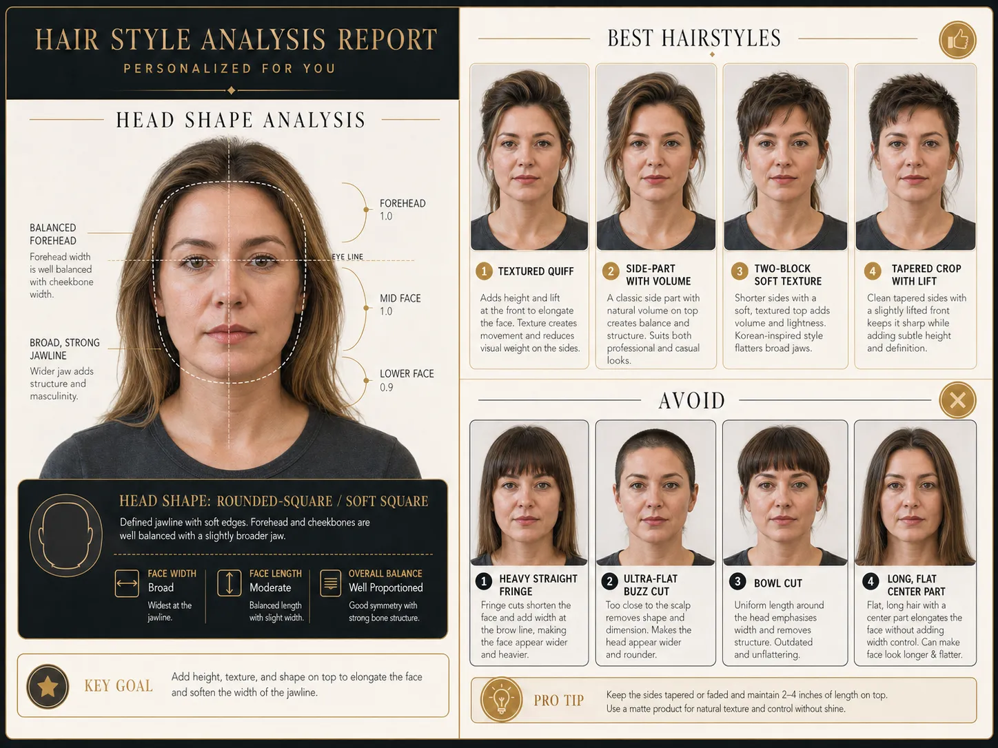 High-end women hairstyle analysis report with recommendations